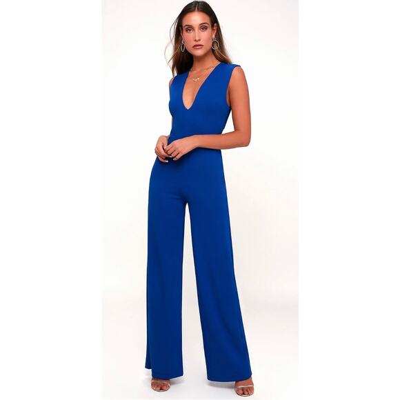 Lulus Women's L Thinking Out Loud Royal Blue Backless Jumpsuit wide leg new - Picture 1 of 8